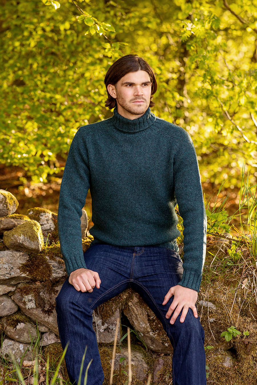 Mens Chunky Geelong Superfine Lambs wool Polo Neck Jumper - Teal - Image 5