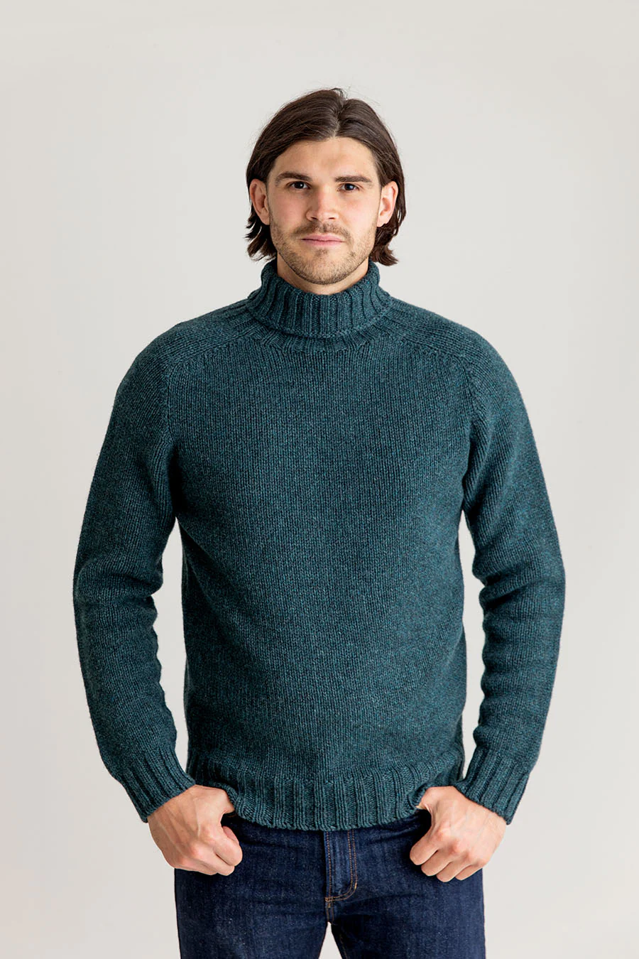 Mens Chunky Geelong Superfine Lambs wool Polo Neck Jumper - Teal - Image 6