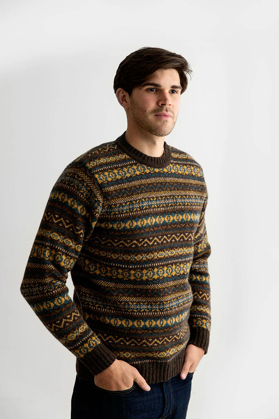 Mens Fair isle Kinnaird Jumper - Olive Brown - Image 5