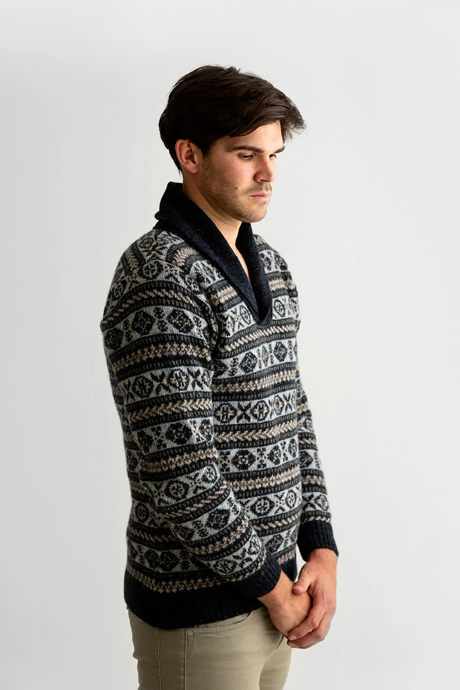 Mens Fair isle Lerwick Shawl Collar Jumper - Grey - Image 3