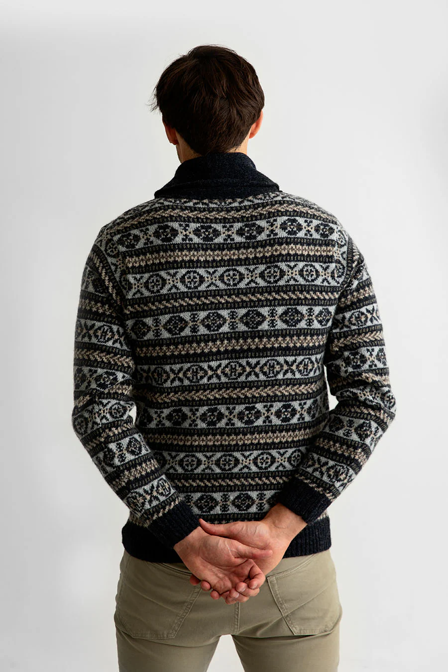 Mens Fair isle Lerwick Shawl Collar Jumper - Grey - Image 4