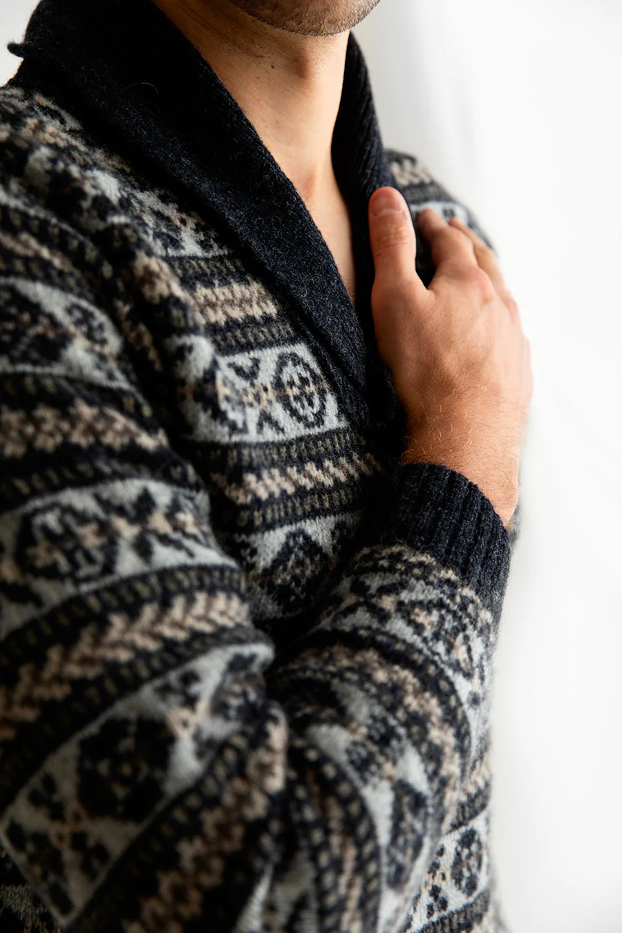 Mens Fair isle Lerwick Shawl Collar Jumper - Grey - Image 5