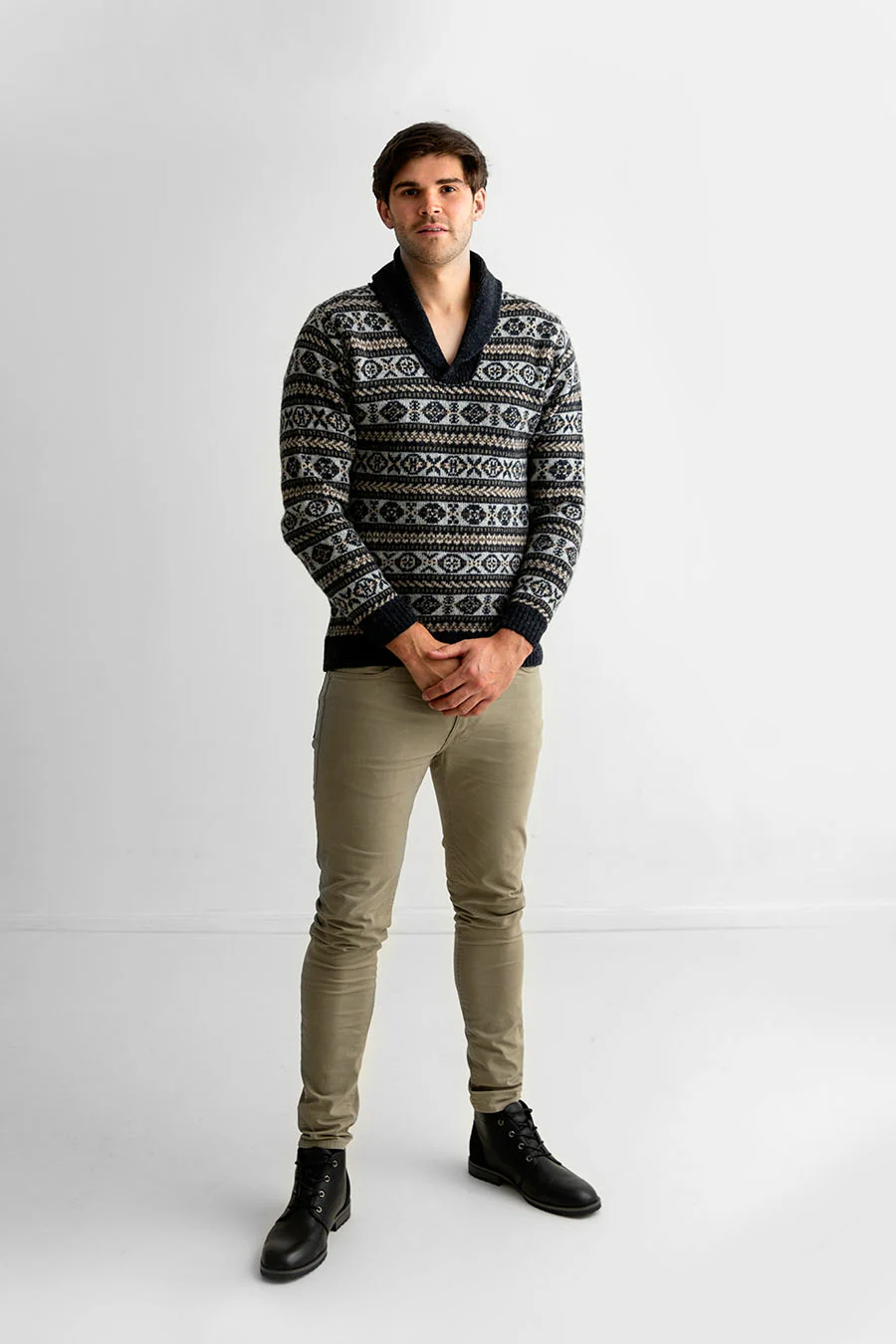 Mens Fair isle Lerwick Shawl Collar Jumper - Grey - Image 6