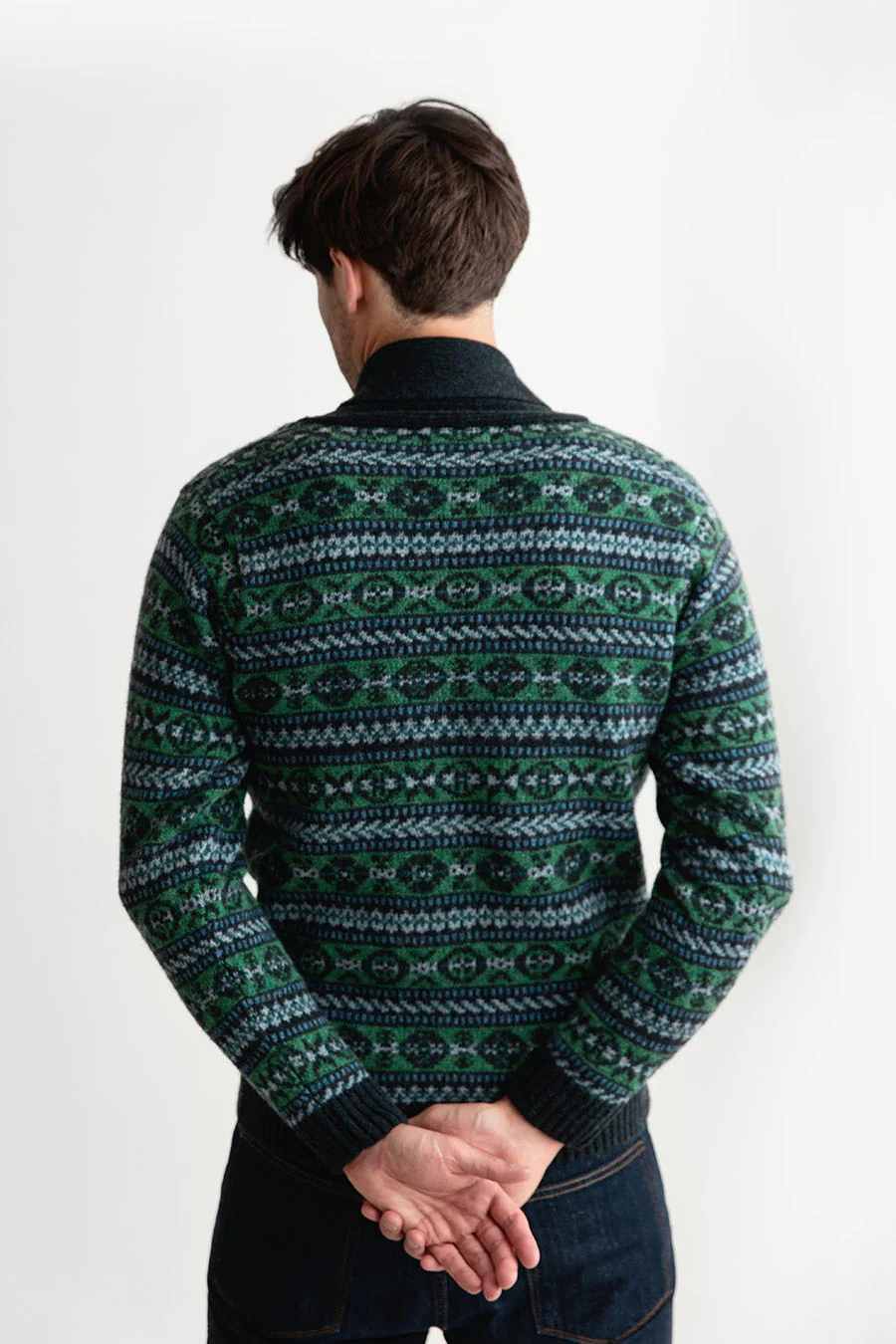 Mens Fair isle Lerwick Shawl Collar Jumper - Galaxy Green - Image 3