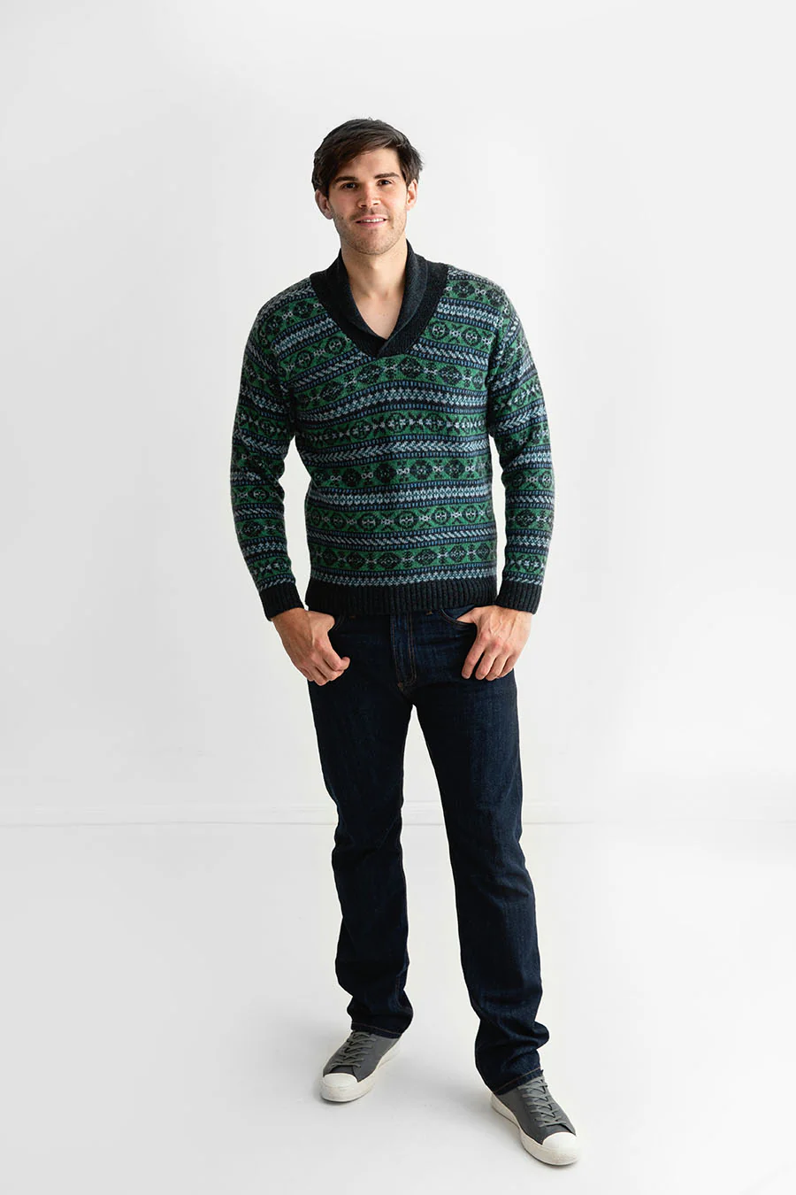 Mens Fair isle Lerwick Shawl Collar Jumper - Galaxy Green - Image 4