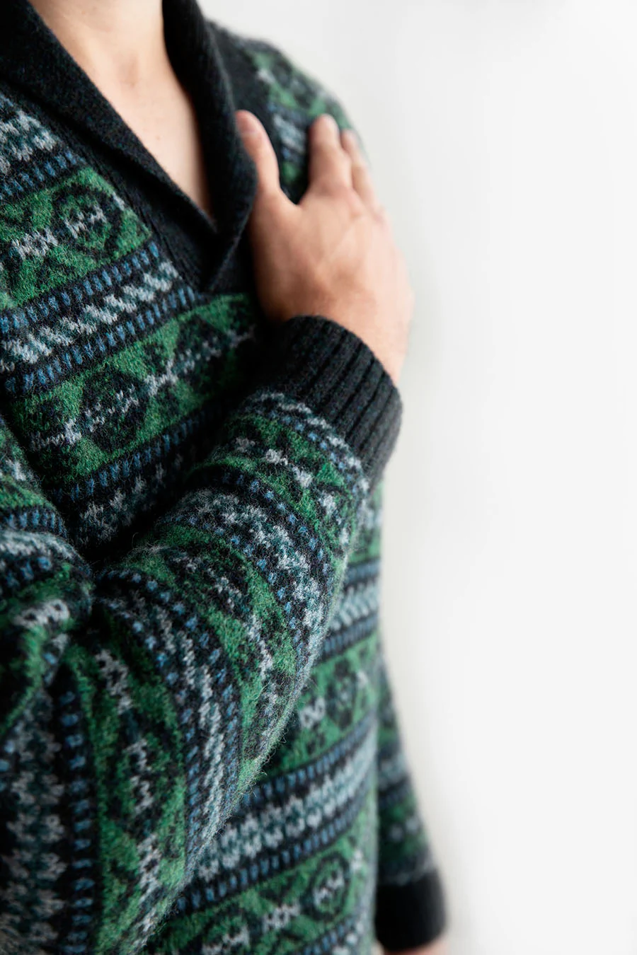 Mens Fair isle Lerwick Shawl Collar Jumper - Galaxy Green - Image 5