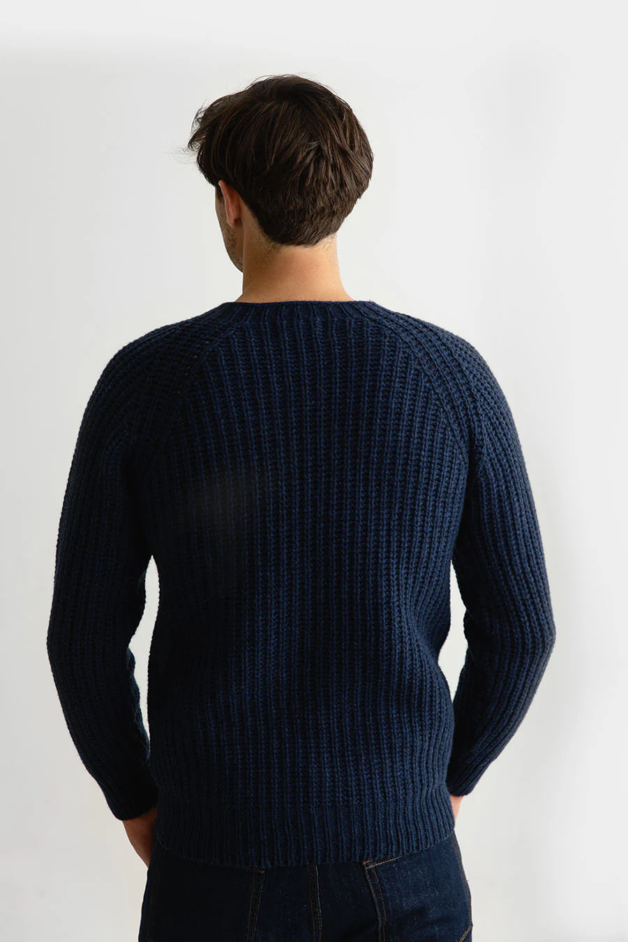 Mens Geelong Superfine Lambswool Fisherman’s Rib Jumper - Navy blue - Image 4