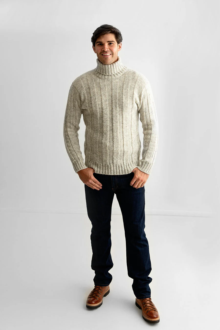 Mens Natural Ribbed Polo Neck Jumper - undyed - Image 5
