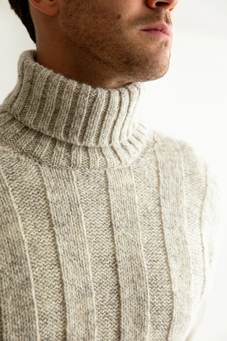 Mens Natural Ribbed Polo Neck Jumper - undyed - Image 6