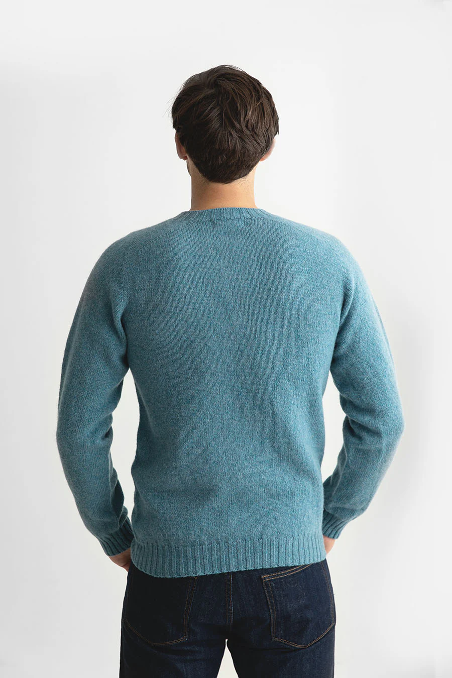 Mens Seamless Saddle Shoulder Shetland Jumper - Light Teal - Image 3