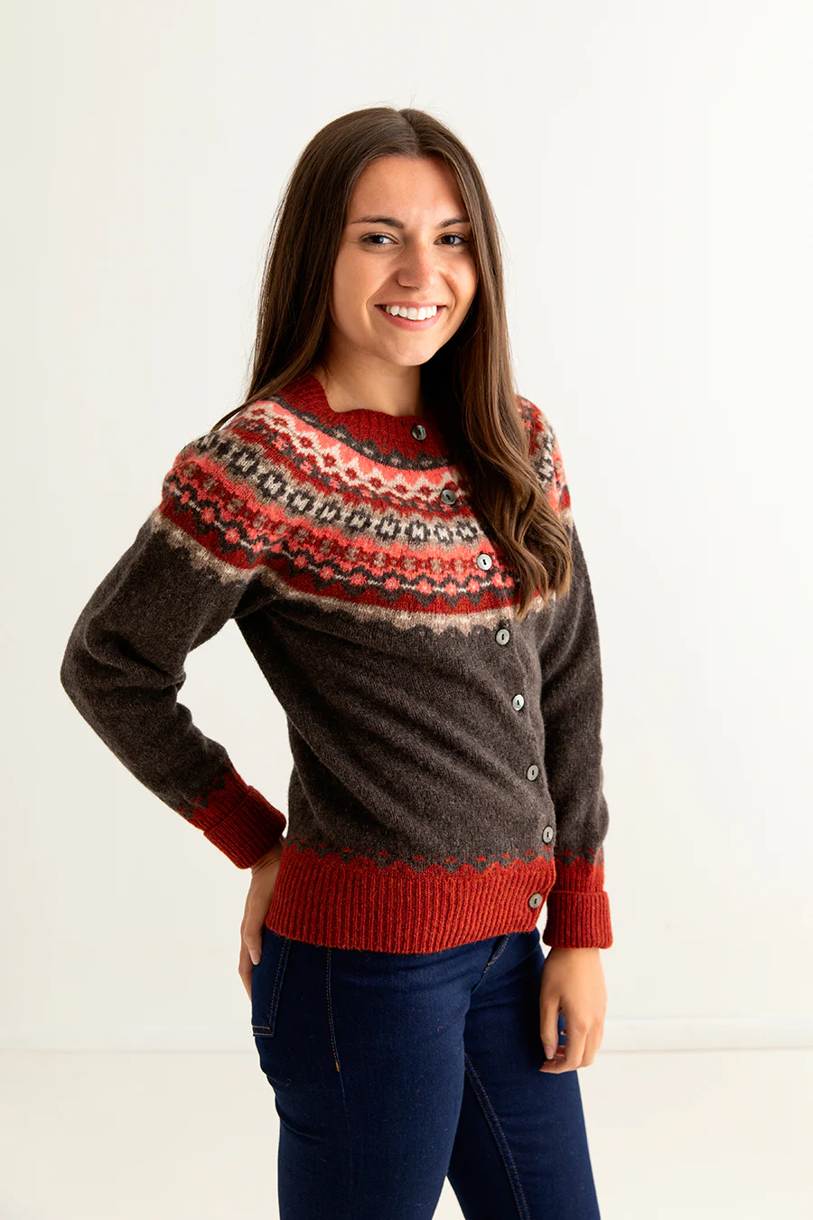 Womens Crathie Fair isle Cardigan - Brown - Image 3