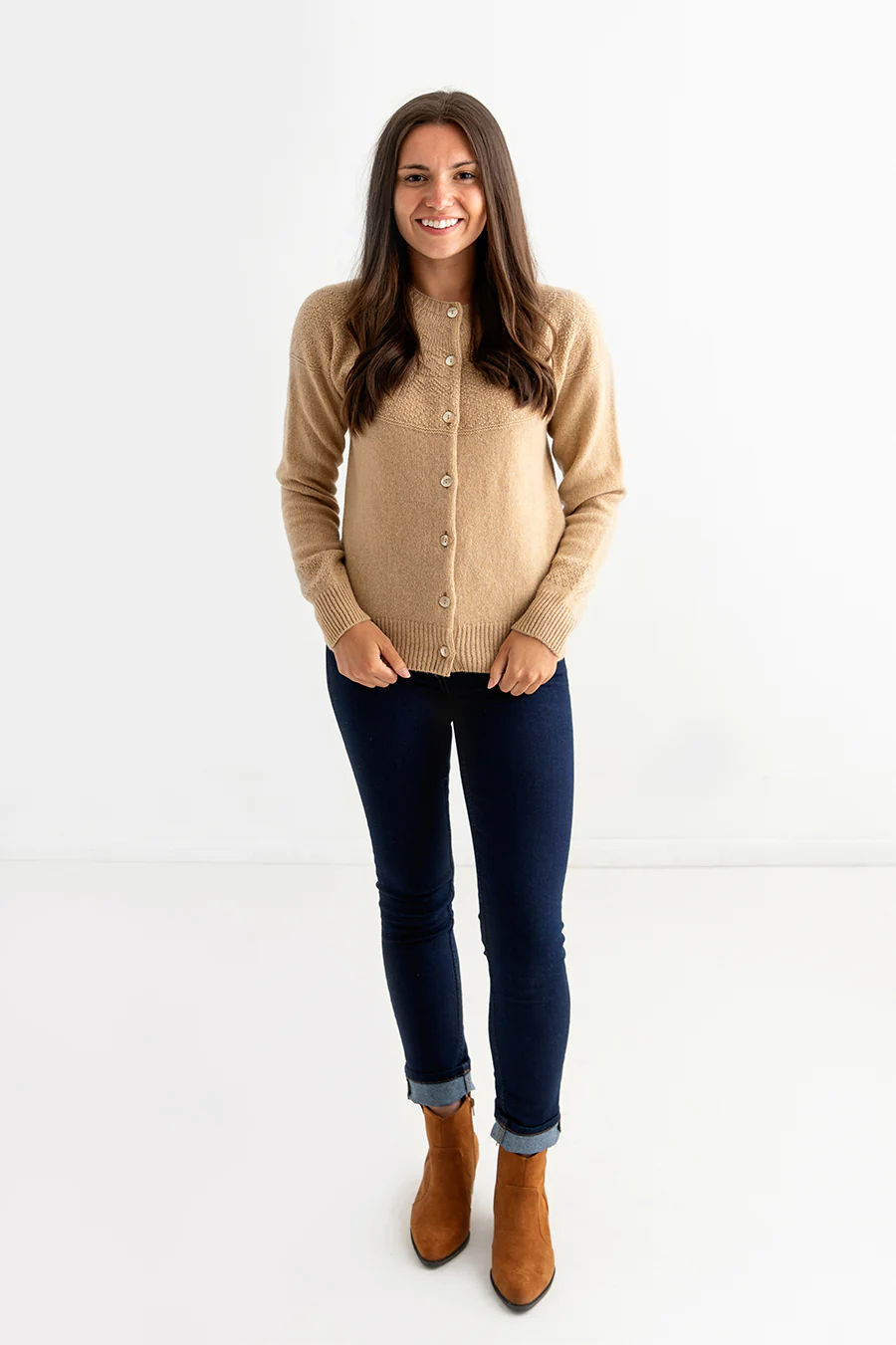 Womens Geelong Superfine Lambswool Gansey Cardigan - Camel - Image 6