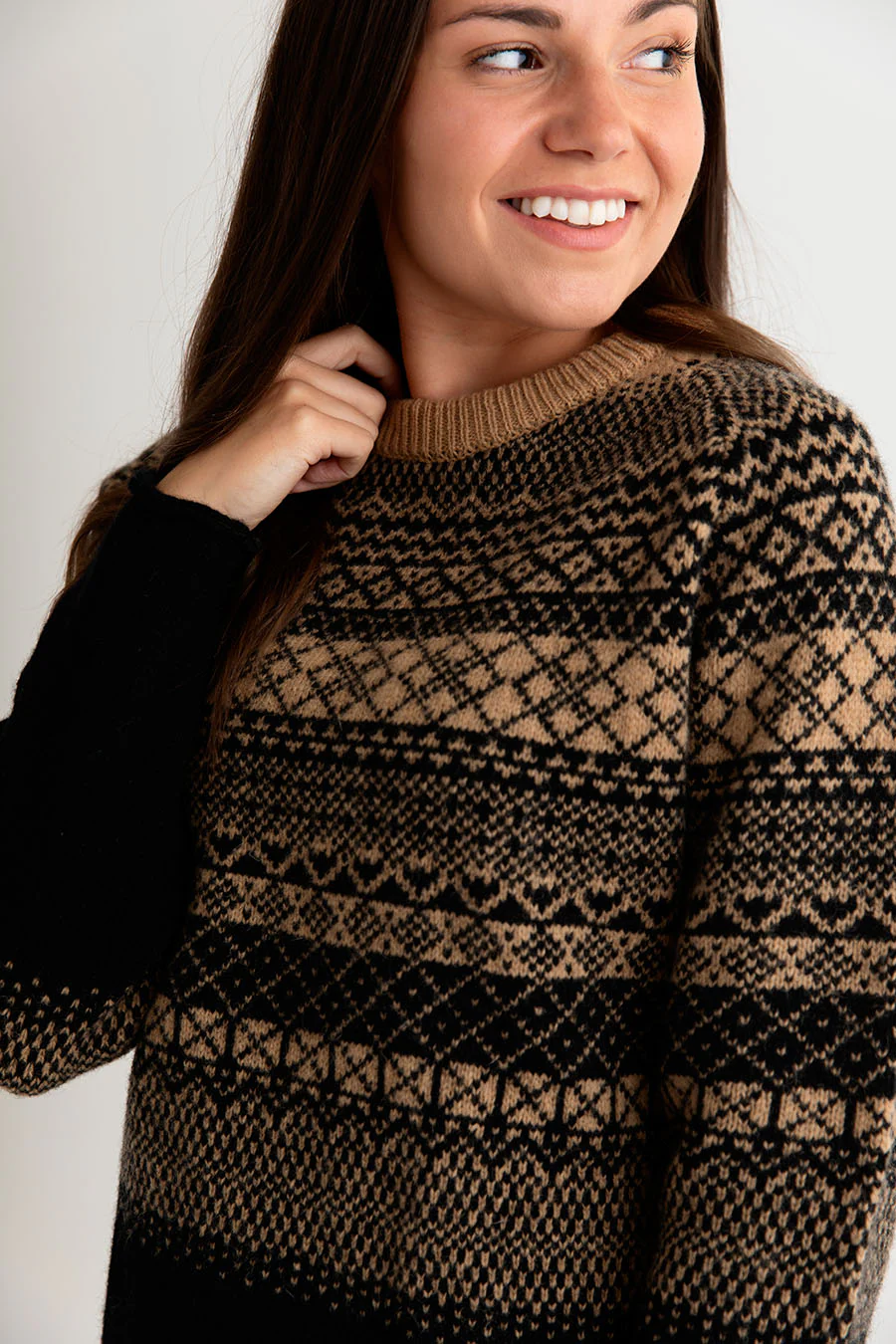 Womens Lace Fair Isle Tunic Jumper - Black Camel - Image 3