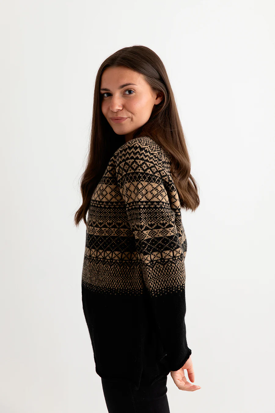 Womens Lace Fair Isle Tunic Jumper - Black Camel - Image 4
