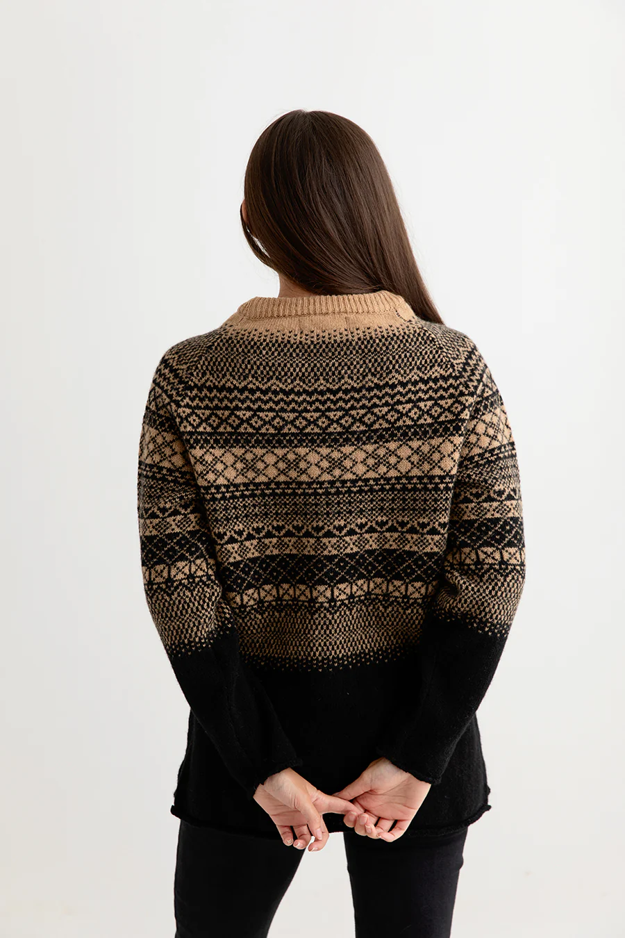Womens Lace Fair Isle Tunic Jumper - Black Camel - Image 5
