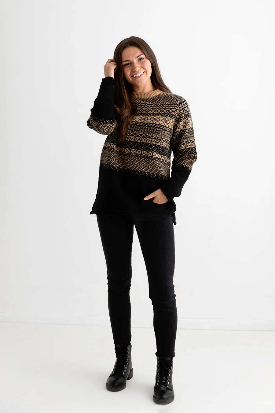 Womens Lace Fair Isle Tunic Jumper - Black Camel - Image 6