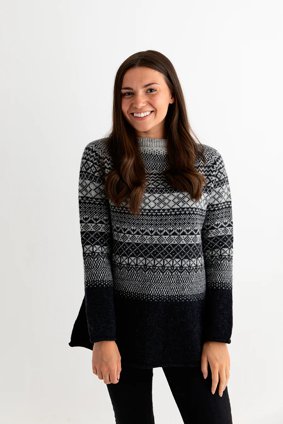 Womens Lace Fair Isle Tunic Jumper - charcoal - Image 3