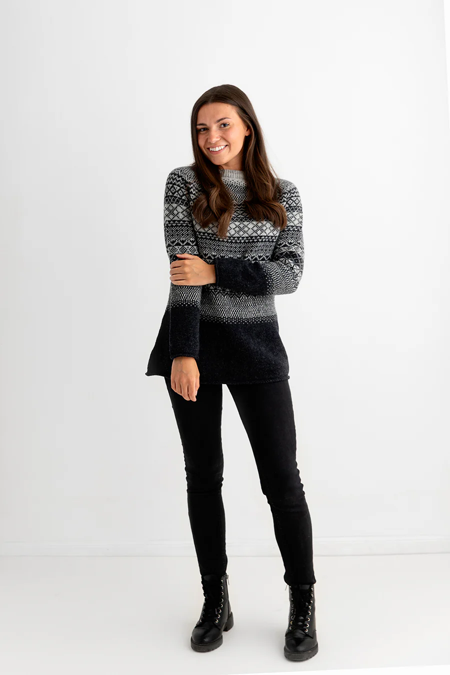 Womens Lace Fair Isle Tunic Jumper - charcoal - Image 6