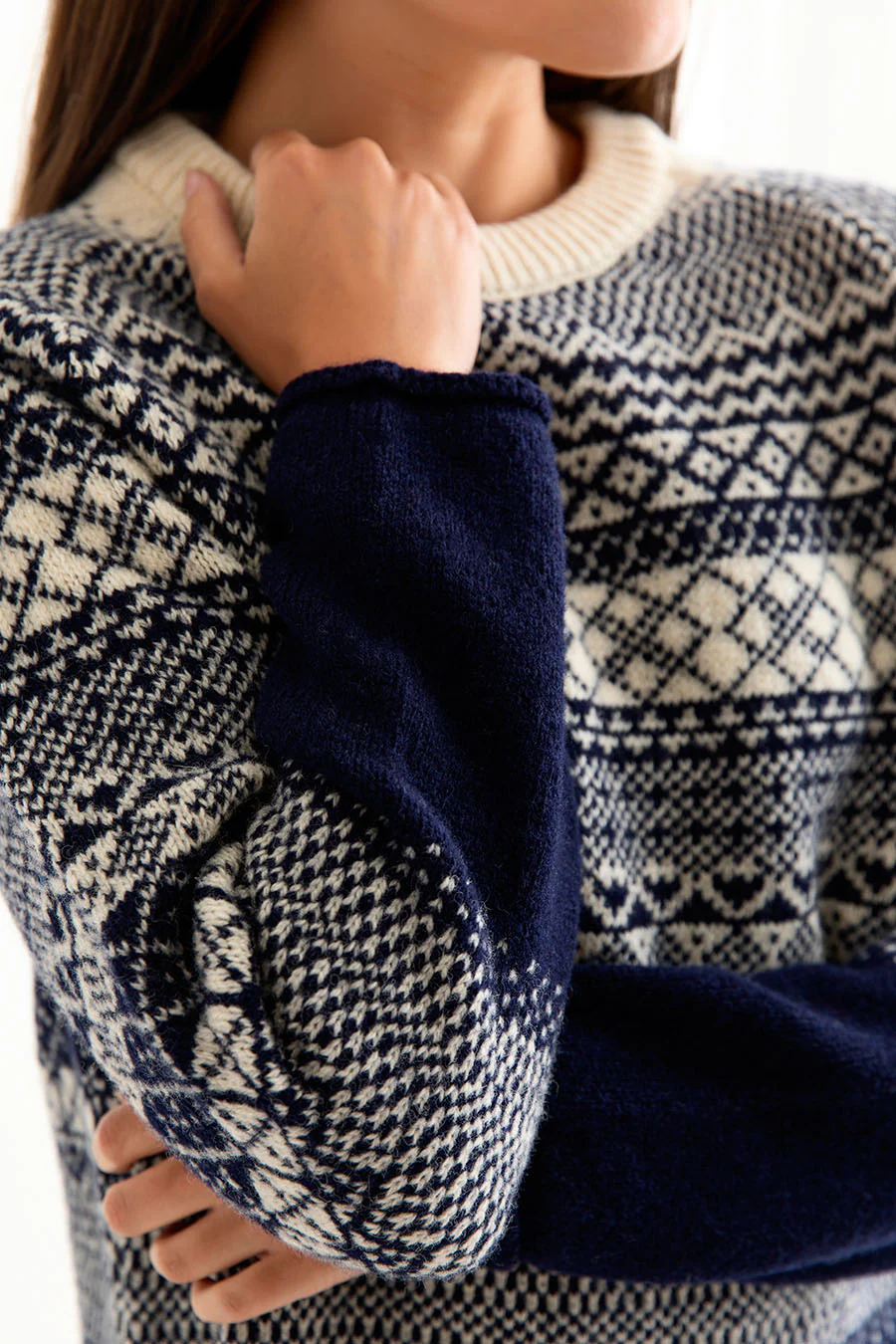 Womens Lace Fair Isle Tunic Jumper - navy - Image 4