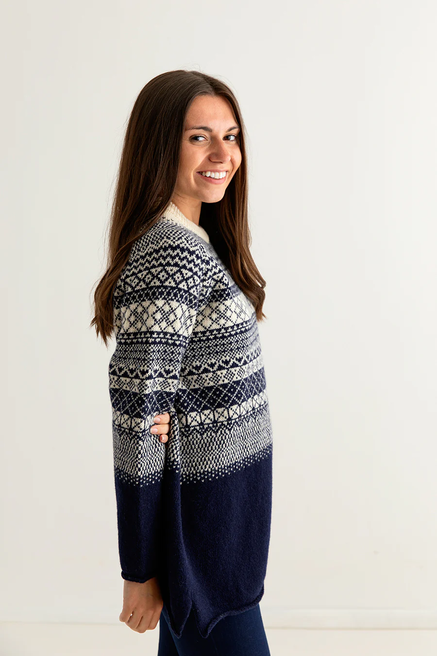 Womens Lace Fair Isle Tunic Jumper - navy - Image 5